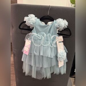 PINK GIRLS Adorable Blue Tiered Dress with Headband
